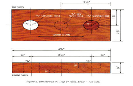 illustration of locations of drilling holes for lock and key holes on a wooden board